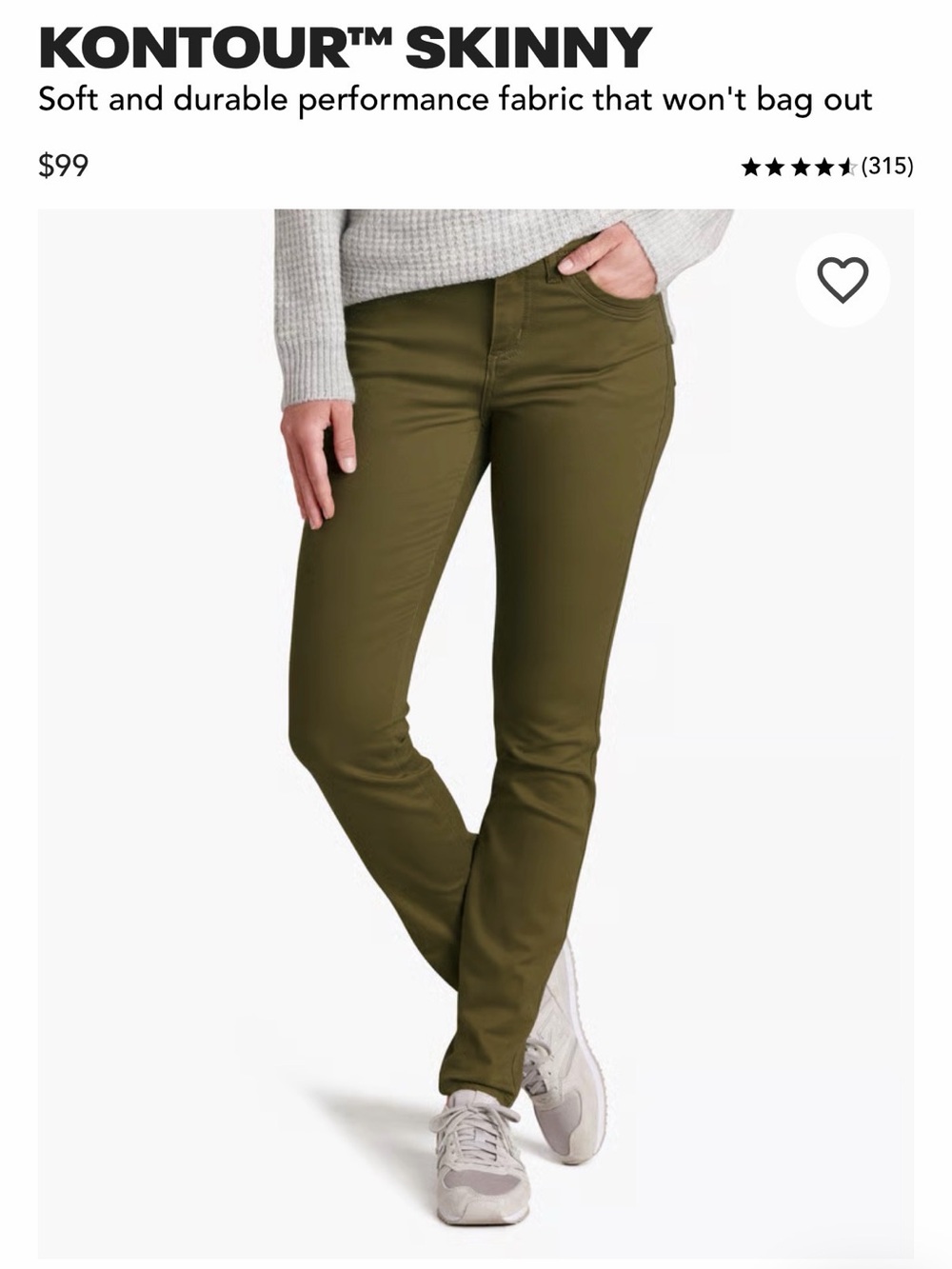 KUHL Kontour Skinny Olive Green Stretch Pants, Gorpcore